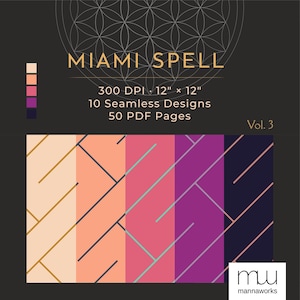 May include: Digital design set titled "Miami Spell" with geometric patterns in peach, pink, purple, and navy. Includes text: 300 DPI, 30.48 cm x 30.48 cm, 10 Seamless Designs, 50 PDF Pages. The logo "mw mannaworks" is in the bottom right.