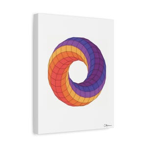 May include: A canvas print featuring a geometric, three-dimensional torus shape. The artwork showcases a gradient of colors, transitioning from red to orange, yellow, and purple. The artwork is mounted on a white canvas.