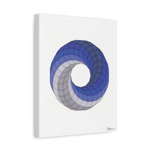 May include: A canvas print featuring a geometric, three-dimensional torus shape. The artwork showcases a gradient of blues and grays, creating a sense of depth and form. The background is plain white, highlighting the central design.