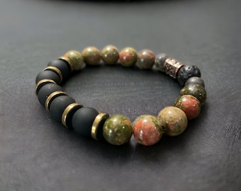 Unakite & Lava Stone Men's Bracelet: Hematite, Jasper, 10mm Beaded
