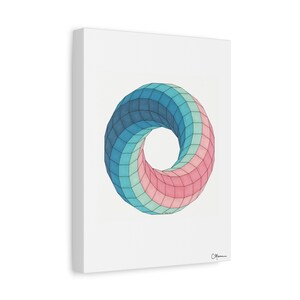 May include: A canvas print featuring a geometric torus design. The artwork showcases a gradient of colors, transitioning from dark blue to light blue, then to teal and pink. The torus is composed of a grid pattern.