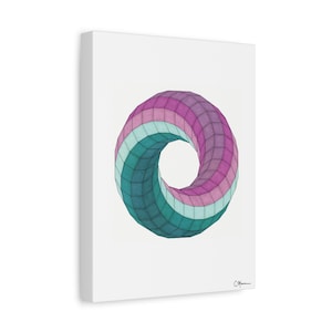 May include: A canvas print featuring a geometric, three-dimensional torus design. The artwork showcases a gradient of colors, including teal, light blue, and purple, arranged in bands. The piece is set against a white background, with the artist's signature in the lower right corner.