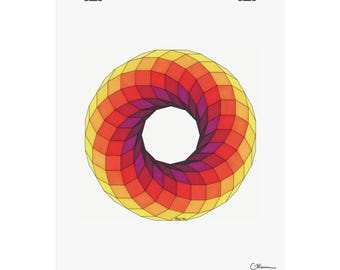 Może przedstawiać: Kolorowy geometryczny wydruk artystyczny przedstawiający kształt torusa. Grafika prezentuje gradient kolorów, przechodzący od żółtego do pomarańczowego, czerwonego i fioletowego. Wydruk jest trzymany przez dwa czarne klipsy.