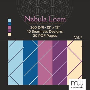 Puede incluir: Producto de diseño digital titulado "Nebula Loom" con patrones geométricos en tonos de azul, morado y beige. El producto incluye 10 diseños sin costuras, 20 páginas PDF y mide 30,48 cm x 30,48 cm.