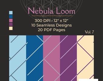 Może przedstawiać: Cyfrowy produkt projektowy zatytułowany "Nebula Loom" z geometrycznymi wzorami w odcieniach niebieskiego, fioletowego i beżowego. Produkt zawiera 10 bezszwowych wzorów, 20 stron PDF i ma wymiary 30,48 cm x 30,48 cm.