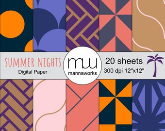 Może przedstawiać: Zestaw papieru cyfrowego z różnymi geometrycznymi wzorami w odcieniach pomarańczu, niebieskiego, fioletu i beżu. Widoczny jest tekst "Summer Nights Digital Paper", a także nazwa marki i liczba arkuszy. Każdy arkusz ma wymiary 30,48 cm x 30,48 cm.