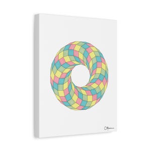 May include: A colorful geometric shape resembling a donut with a checkered pattern in shades of yellow, pink, and blue.