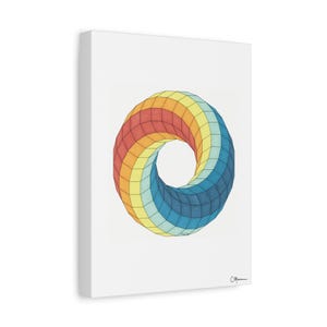 May include: A canvas print featuring a colorful, geometric torus design. The artwork showcases a vibrant spectrum of colors, transitioning from red to blue, creating a visually striking and modern piece. The canvas is mounted on a white frame.