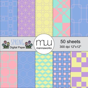 Spring Digital Paper Bundle – 50 Seamless Repeating Geometric Tile Patterns – Pastel Scrapbook Backgrounds – 12x12 PDF – Instant Download