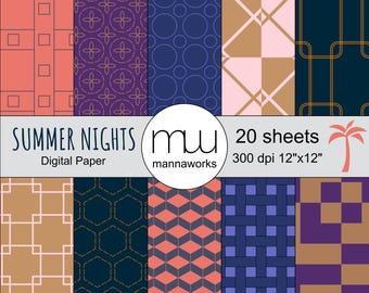 Może przedstawiać: Pakiet papieru cyfrowego "Summer Nights" z różnymi geometrycznymi wzorami w odcieniach koralu, fioletu, granatu i złota. Zestaw zawiera 20 arkuszy, każdy o wymiarach 30,5 x 30,5 cm. Obraz zawiera również logo "mannaworks".