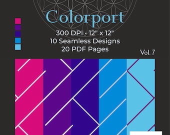 Może przedstawiać: Produkt do projektowania cyfrowego zatytułowany "Colorport" z geometrycznym wzorem w odcieniach różu, fioletu i niebieskiego. Projekt ma wymiary 30,48 cm x 30,48 cm i zawiera 10 bezszwowych wzorów i 20 stron PDF. Obraz zawiera również logo "mannaworks".