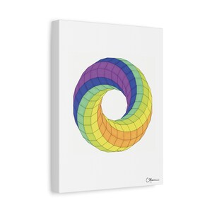 May include: A colorful geometric design of a rainbow-colored torus, a three-dimensional donut shape, with a white background.
