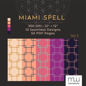 May include: A digital design set titled "Miami Spell" with geometric patterns in shades of peach, pink, purple, and navy. The design includes 10 seamless designs, 50 PDF pages, and is 30.48 cm x 30.48 cm in size.