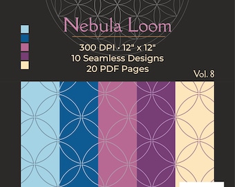Może przedstawiać: Zestaw projektów cyfrowych "Nebula Loom" z geometrycznymi wzorami w odcieniach niebieskiego, fioletowego i kremowego. Zawiera 10 bezszwowych wzorów, 20 stron PDF i ma wymiary 30.48 cm x 30.48 cm.