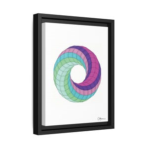 May include: A framed canvas print featuring a geometric, three-dimensional torus design. The artwork showcases a gradient of colors, including teal, green, purple, and pink, arranged in a grid pattern. The canvas is set within a black frame.