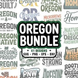 Può includere: Un pacchetto di 41 design a tema Oregon in formati SVG, PNG, EPS e DXF. I design presentano testi come "Oregon Built", "Oregon Native" e "PNW Vibes", insieme a illustrazioni dello stato e di un castoro.