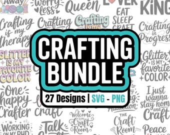 Könnte beinhalten: Grafik eines Bastelpakets mit dem Text "Crafting Bundle" in einem türkis-schwarzen Design. Das Bild enthält 27 Designs in SVG- und PNG-Formaten mit verschiedenen Bastel-Zitaten und -Phrasen in Weiß.