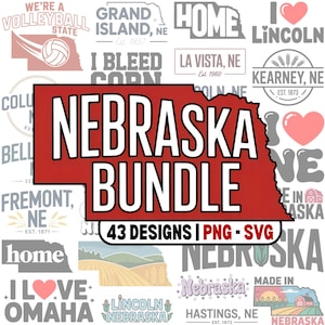 Puede incluir: Una colección de diseños con temática de Nebraska, que incluye el contorno del estado, nombres de ciudades y frases como "I Love Lincoln" y "Nebraska Bundle". El diseño central presenta un contorno rojo de Nebraska con el texto "NEBRASKA BUNDLE" y "43 DESIGNS | PNG - SVG".