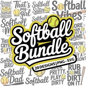 Può includere: Un design a tema softball con le parole "Softball Bundle" in un font grande e in grassetto. Il design include grafica di softball e frasi come "Softball Vibes" e "Play Dirty".