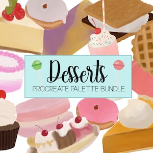 Puede incluir: Una ilustración digital de varios postres, incluyendo una rebanada de pastel de queso, una dona, un s'more, un waffle, una rebanada de sandía, un cupcake, un macaron, una dona, una tarta de calabaza y un banana split. La imagen está etiquetada como "Desserts Procreate Palette Bundle".