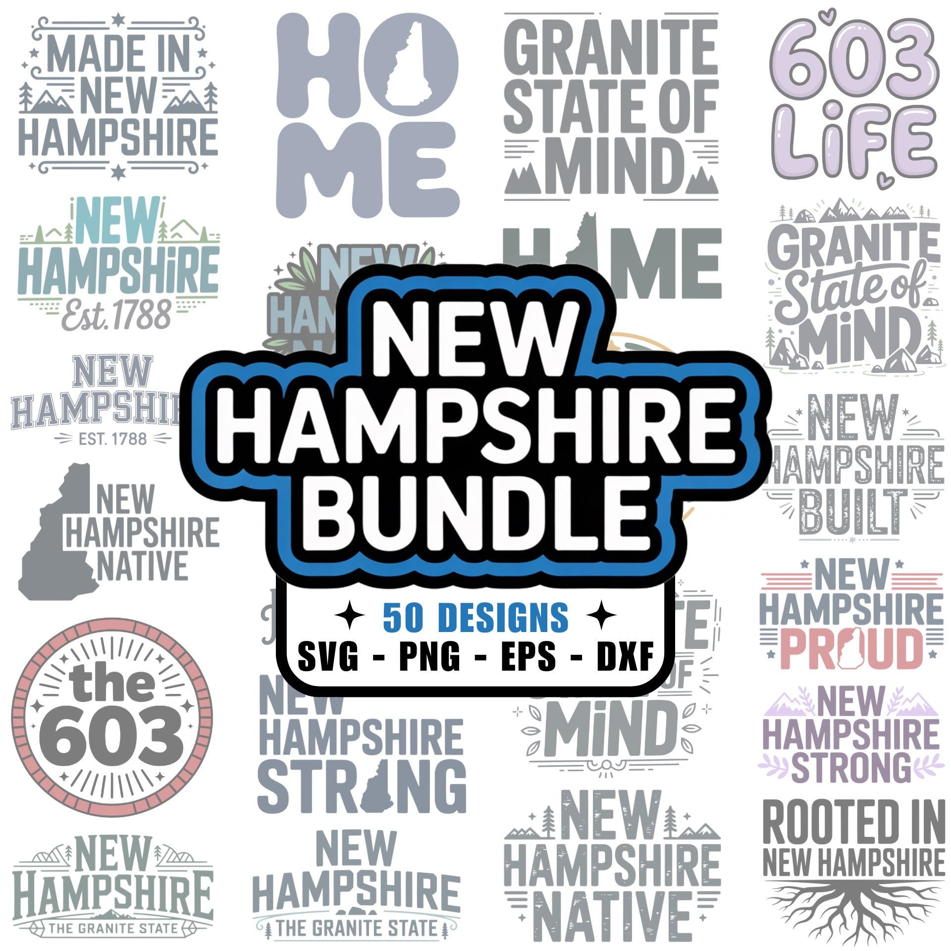 50 New Hampshire PNG SVG Bundle, Dxf Eps Designs, the Granite State ...
