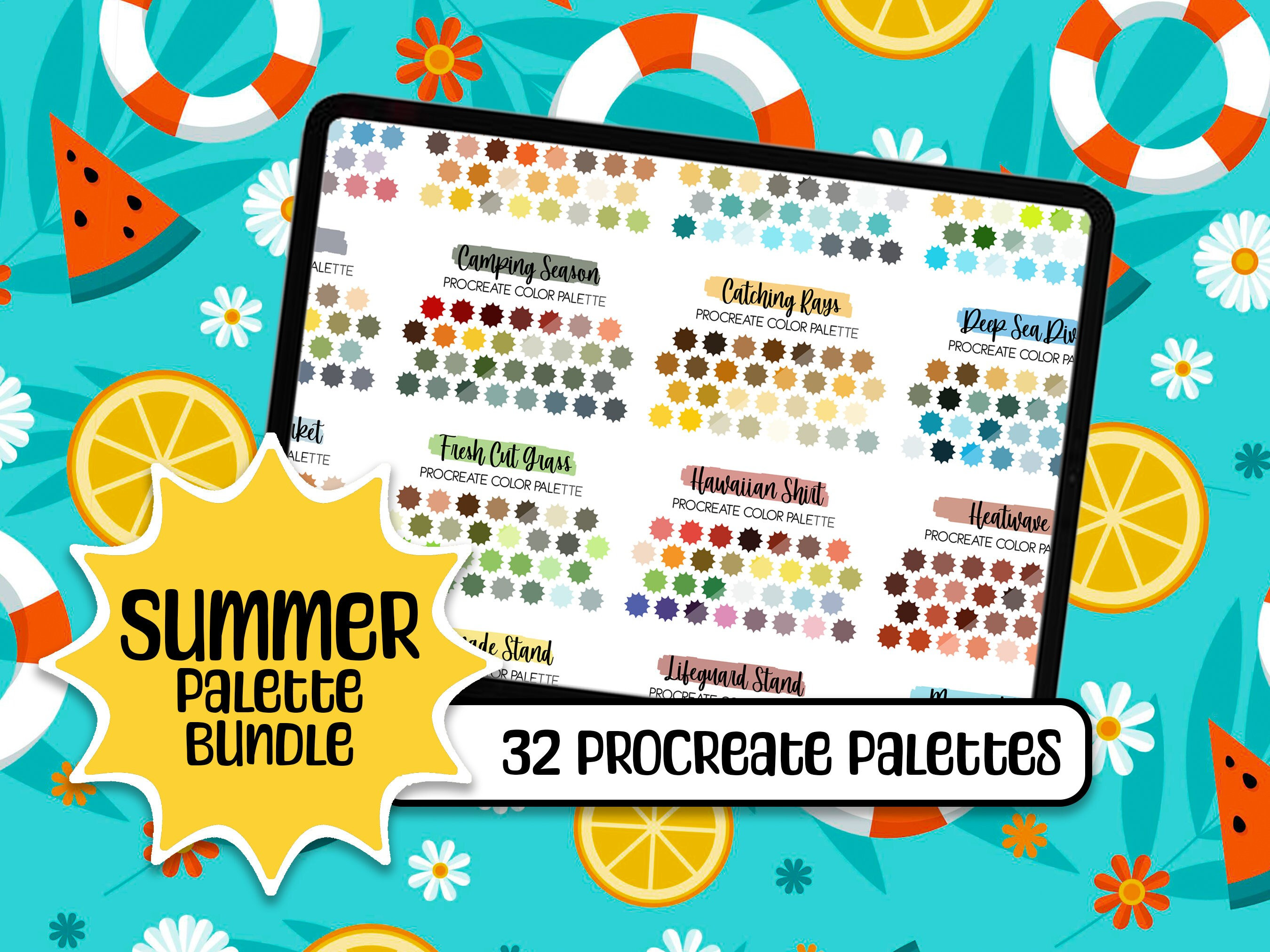 Paquete de paletas de color para Procreate de verano – 32 paletas, 960 muestras para ilustración en iPad