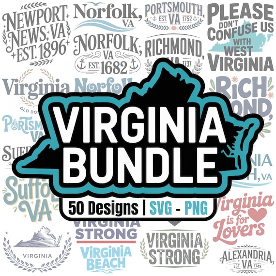 Virginia Cities SVG PNG Bundle: 50 T-Shirt Designs (Digital Download)