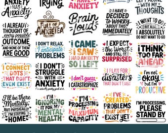 Anxiety SVG PNG Image Bundle, 50 designs, eps dxf files, Mental Health Humor, Relatable Sayings, Social Anxiety, Introvert, Overthinking
