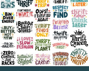 25 Thrifting PNG SVG Images, dxf eps files, thrift store, preloved, sustainability, consignment shop, Cricut, Silhouette, Tshirt Designs