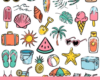 32 Summer Clip Art Bundle, PNG SVG EPS DXf images, Bright Colored Designs, Beach, Vacation, Ice Cream, Doodles (Digital Download)