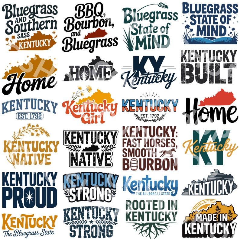 bluegrass and southern sass, bbq bourbon and bluegrass, bluegrass state of mind, home kentucky, ky kentucky, kentucky built, kentucky est 1792, kentucky girl, kentucky native, fast horses smooth bourbon, kentucky proud, kentucky strong, kentucky the bluegrass state, rooted in kentucky, made in kentucky