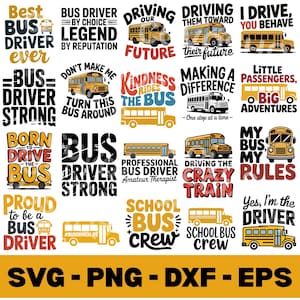Puede incluir: Una colección de veinte diseños gráficos con autobuses escolares amarillos y frases de texto como Best Bus Driver Ever, Bus Driver By Choice, Driving Our Future, Driving Them Toward Their Future, I Drive You Behave y Bus Driver Strong.