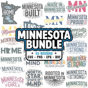 May include: A collection of graphic designs with the theme of Minnesota. The designs include text such as "Minnesota Built", "Minnesota Proud", and "Minnesota Strong". The designs are in various fonts and colors, with a focus on the state's identity.