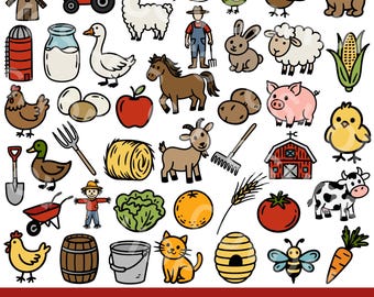 42 Farm Themed Clipart Designs, PNG SVG EPS Dxf Files, Barn, Animals, Horse, Cow, Tractor, Silo, Cricut, Silhouette (Digital Download)