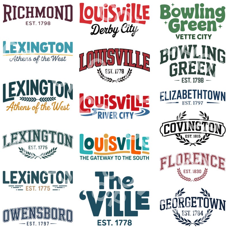 richmond, lexington athens of the west, owensboro, louisville derby city, louisville river city, gateway to the south, the ville est 1778, bowling green vette city, elizabethtown, covington, florence, georgetown est 1784