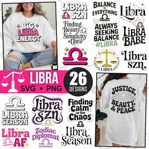 May include: A collection of Libra-themed designs, including text graphics and illustrations. The designs feature phrases like "Libra Season," "Balance is Everything," and "Justice, Beauty, & Peace." The color palette includes pink, black, and white.