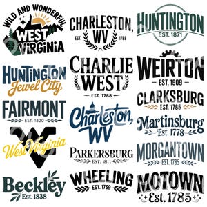 wild and wonderful west virginia, charleston, huntington jewel city, charlie west, fairmont, beckley, west virginia, motown, morgantown, wheeling, parkersburg, weirton, clarksburg, martinsburg.  A collection of west virginia vector designs perfect for cricut, silhouette, sublimation, DTF Printing, POD, tshirts, mugs, tote bags and more!