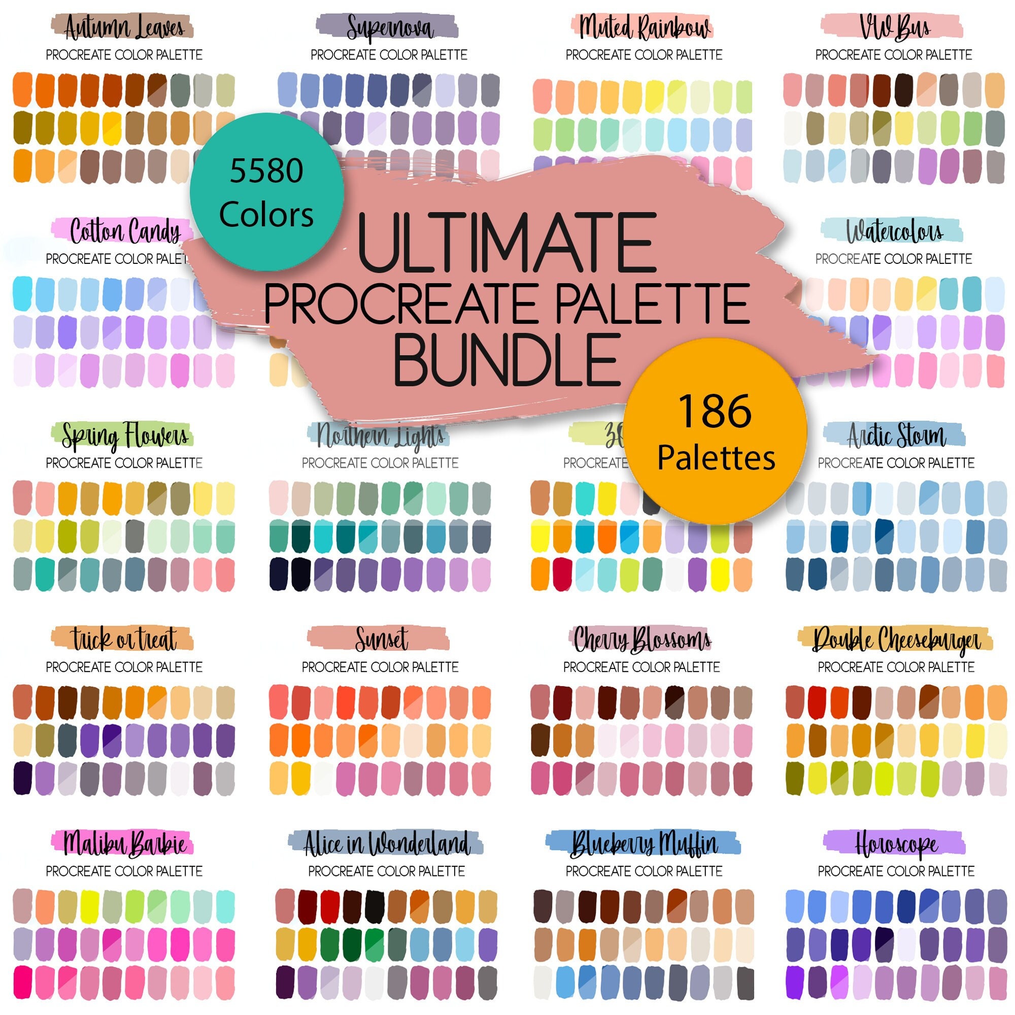 Paquete de paletas de color para Procreate – 186 paletas, 5.580 colores, PNG y .swatches para iPad