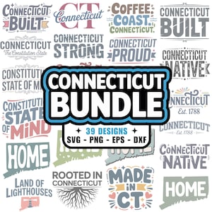 Peut inclure: Un ensemble de 39 motifs sur le thème du Connecticut, aux formats SVG, PNG, EPS et DXF. Les motifs présentent des éléments textuels tels que "Connecticut Built", "Connecticut Strong" et "Connecticut Native", ainsi que des contours de la carte de l'État.