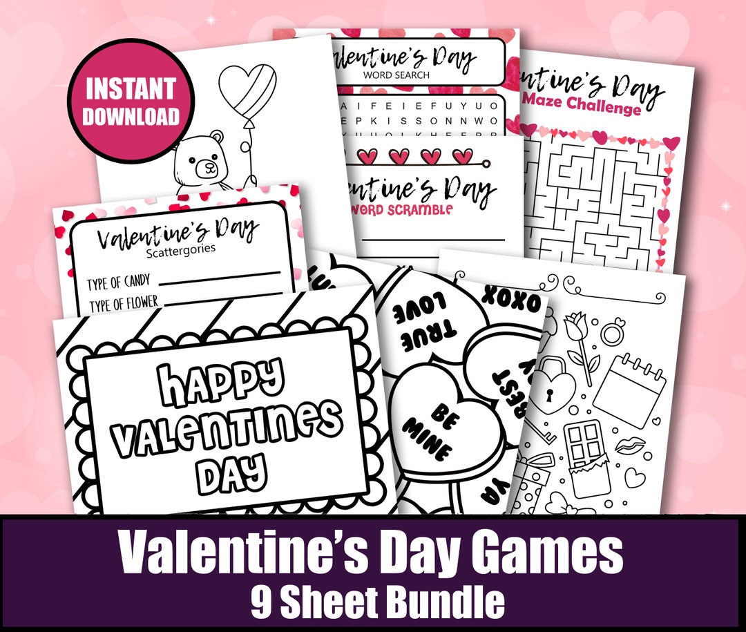 Bundle Of 9 Valentine s Games Printable Offline Games For School Word Scramble Word Search Maze