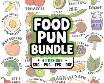 Funny Food Pun SVG Bundle, Hand Drawn Clipart (40 Designs)