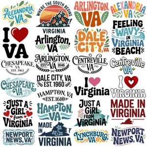 alexandria va, where the sout begins virginia, arlington va, i love va, dale city va, feeling wavy in virginia beach, chesapeake va est 1963, centreville va est 1792, arlington va est 1846, i love virginia, just a girl from virginia, hampton va, made in virginia, newport news, va, lynchburg va, newport news va