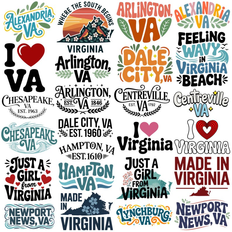 alexandria va, where the sout begins virginia, arlington va, i love va, dale city va, feeling wavy in virginia beach, chesapeake va est 1963, centreville va est 1792, arlington va est 1846, i love virginia, just a girl from virginia, hampton va, made in virginia, newport news, va, lynchburg va, newport news va