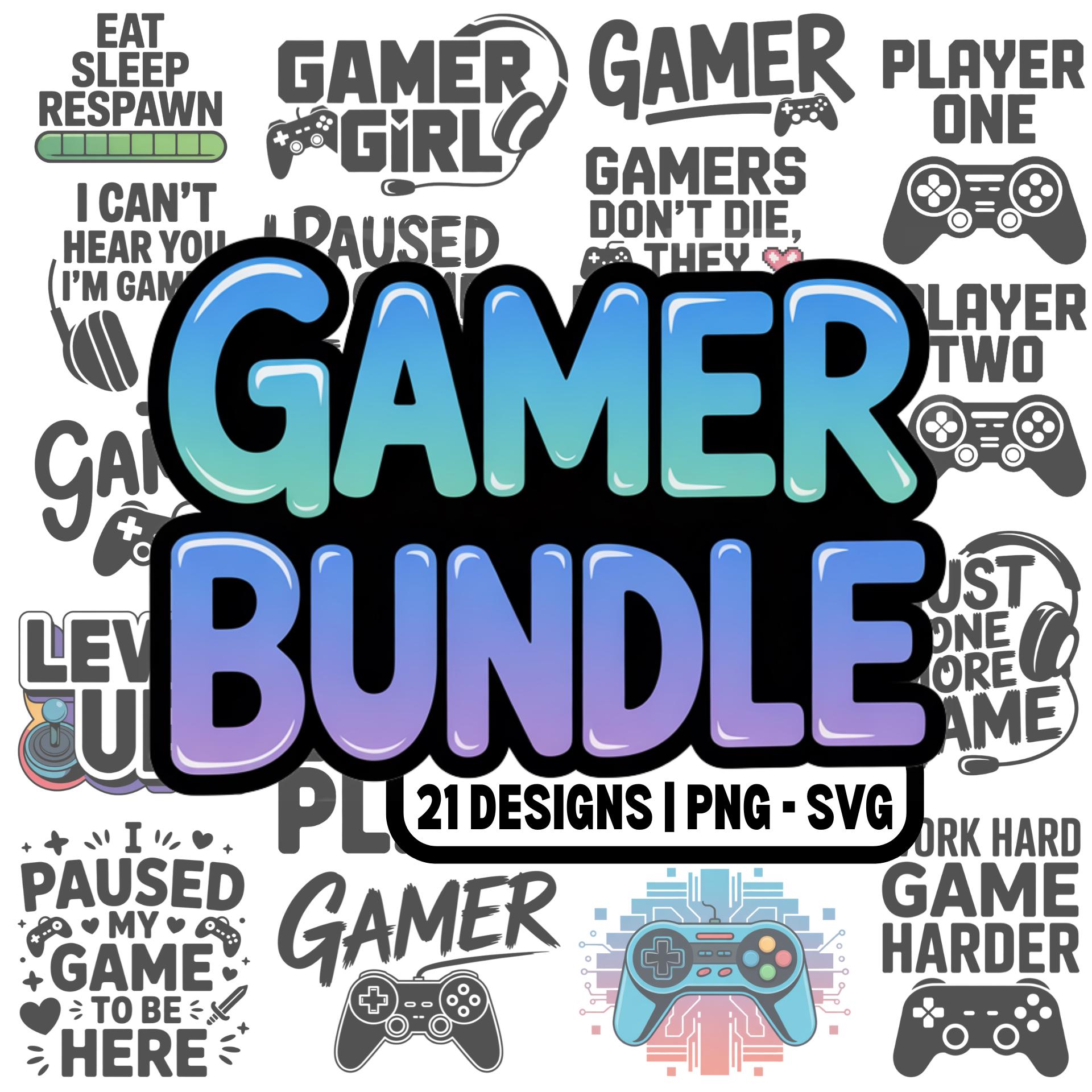 Video Game SVG PNG Image Bundle | 21 designs | Gamer, Gamer Girl, Game Controller, Level Up, Game Over, T-Shirt Design, Cricut, Silhouette