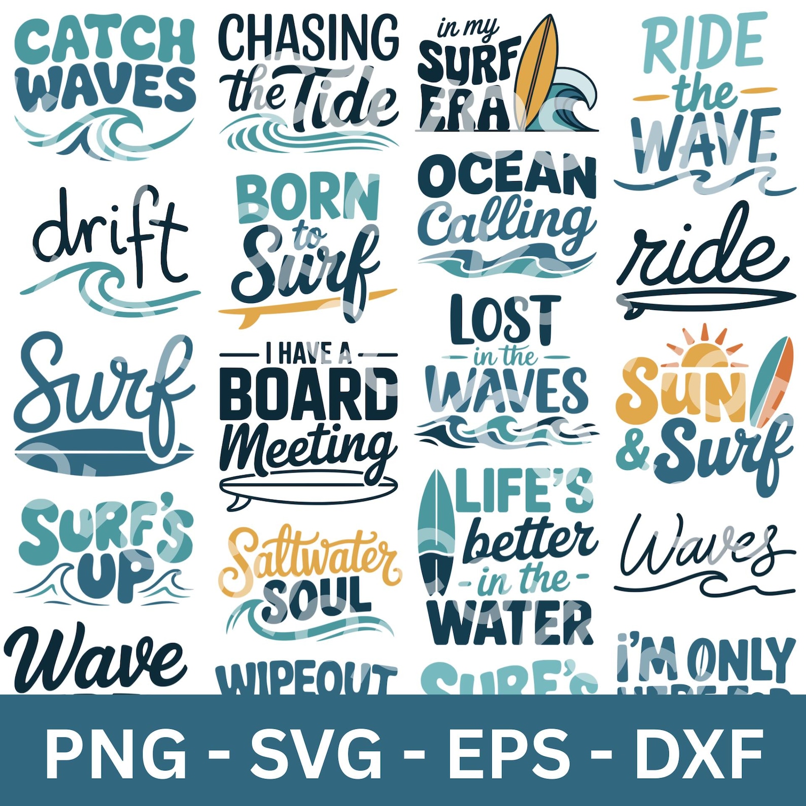 20 Surfing SVG PNG Images, EPS Dxf Files, Surf Board Designs, Waves ...