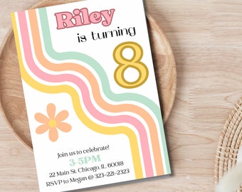 Retro Girls Birthday Invitation, 5th 6th 7th 8th 9th 10th birthday invite, minimal birthday invite, simple, classic