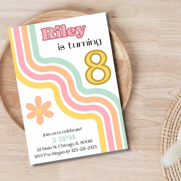 Retro Girls Birthday Invitation, 5th 6th 7th 8th 9th 10th birthday invite, minimal birthday invite, simple, classic