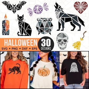 Peut inclure: Ensemble de 30 motifs d'Halloween en formats SVG, PNG, DXF et EPS. L'image présente des illustrations géométriques d'une chauve-souris, d'un chat, d'un loup, d'un crâne et d'autres éléments effrayants. Comprend également des images de vêtements sur le thème d'Halloween.