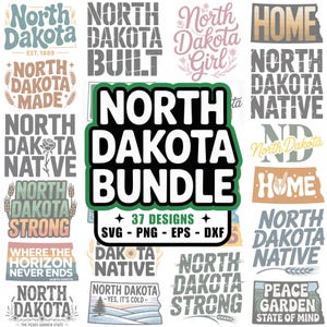 Puede incluir: Un conjunto de 37 diseños temáticos de Dakota del Norte, con frases como "North Dakota Native" y "North Dakota Strong". Los diseños están disponibles en formatos SVG, PNG, EPS y DXF. Los diseños utilizan varias fuentes y gráficos.