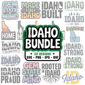 Può includere: Una collezione di 39 design a tema Idaho nei formati SVG, PNG, EPS e DXF. I design presentano testi come "Idaho Built", "Idaho Strong" e "Gem State of Mind", insieme al contorno dello stato e ad altre grafiche.